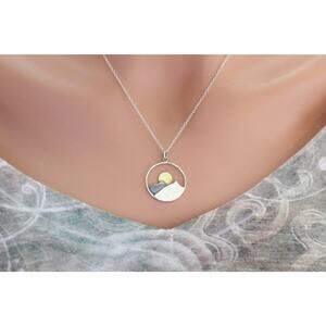 Large Sterling Silver Mountain Sunset Pendant with Bronze Sun